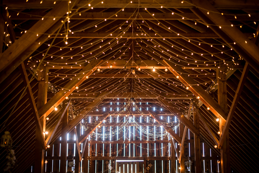 String lights decorate the timbered ceiling of a barn wedding.