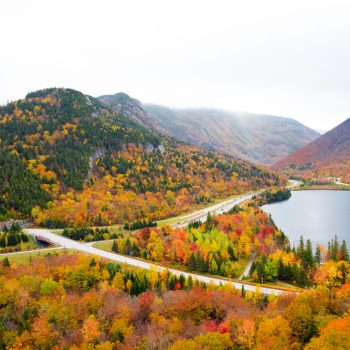 Franconia, NH in the White Mountains, covered in yellow and orange fall foliage