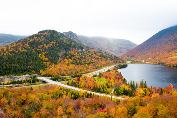 Franconia, NH in the White Mountains, covered in yellow and orange fall foliage